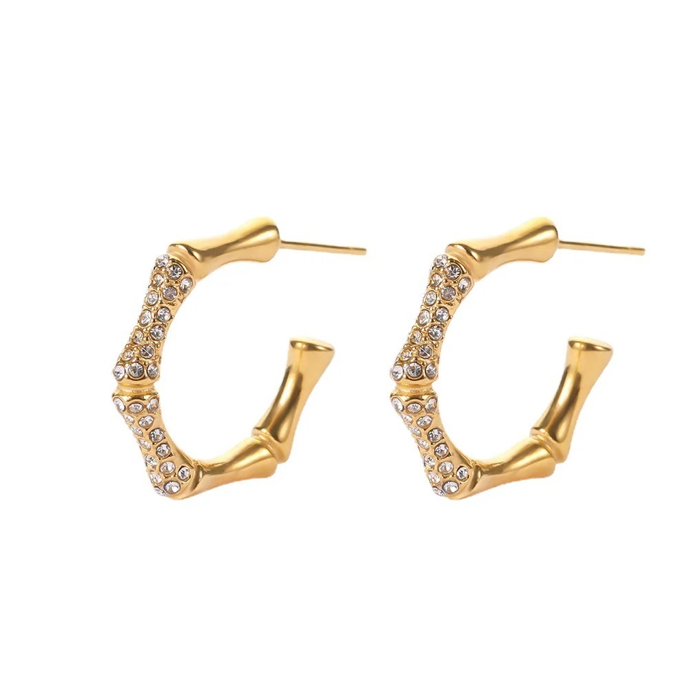 Gold Plated Bamboo Hoop Earrings with Pave Crystals